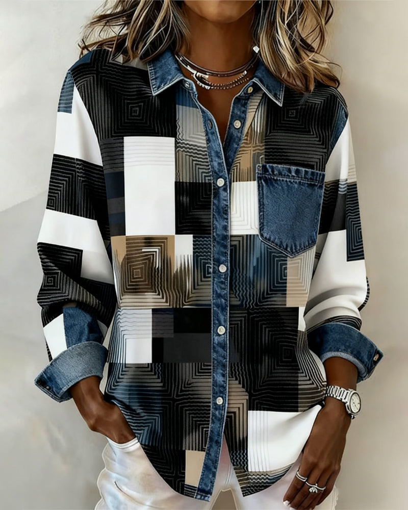 Kleurblok Shirt met Modieuze Kraag