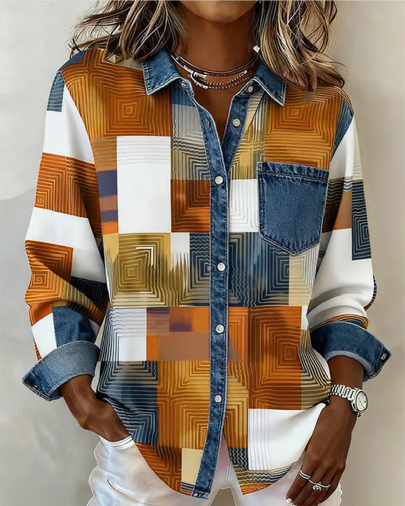 Kleurblok Shirt met Modieuze Kraag