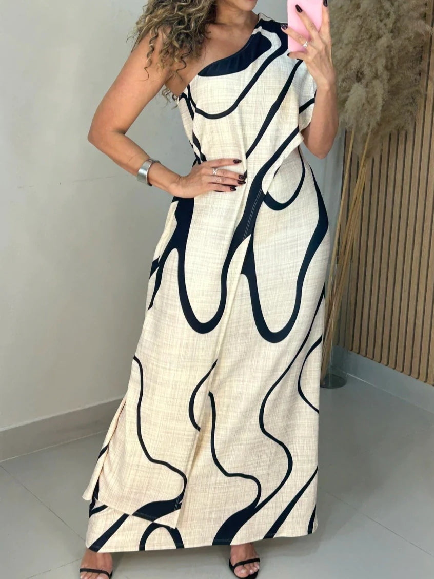 Off-shoulder maxi-jurk met abstracte patroon