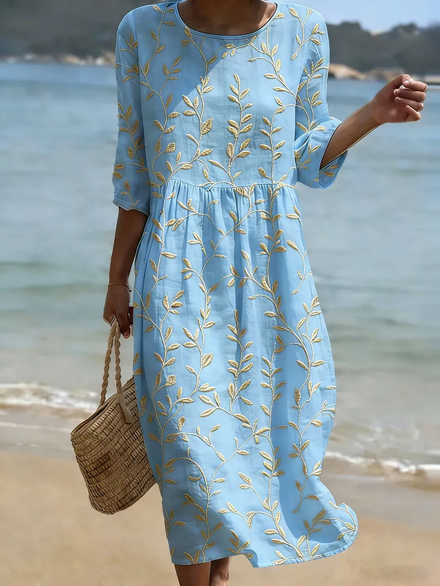 Natalie | Midi-Jurk met Planten- en Bloemenprint en Ronde Hals