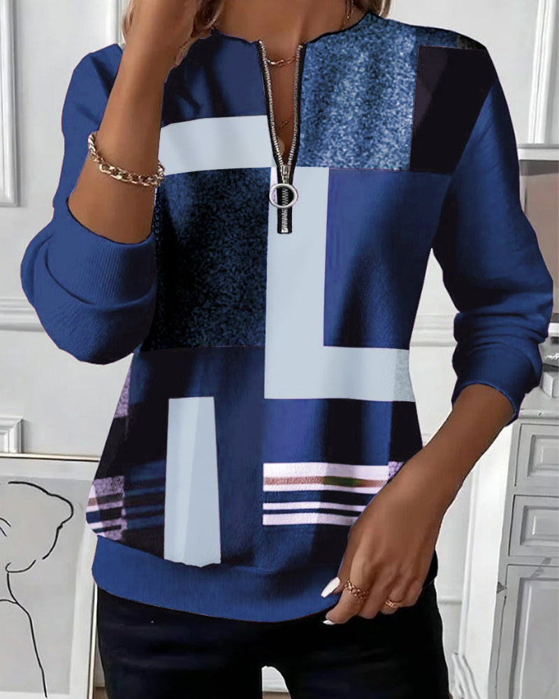 Casual Trui met Halve Rits en Print