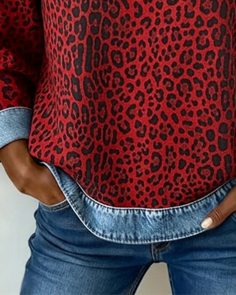 Trui met Luipaardprint en Denim Patchwork