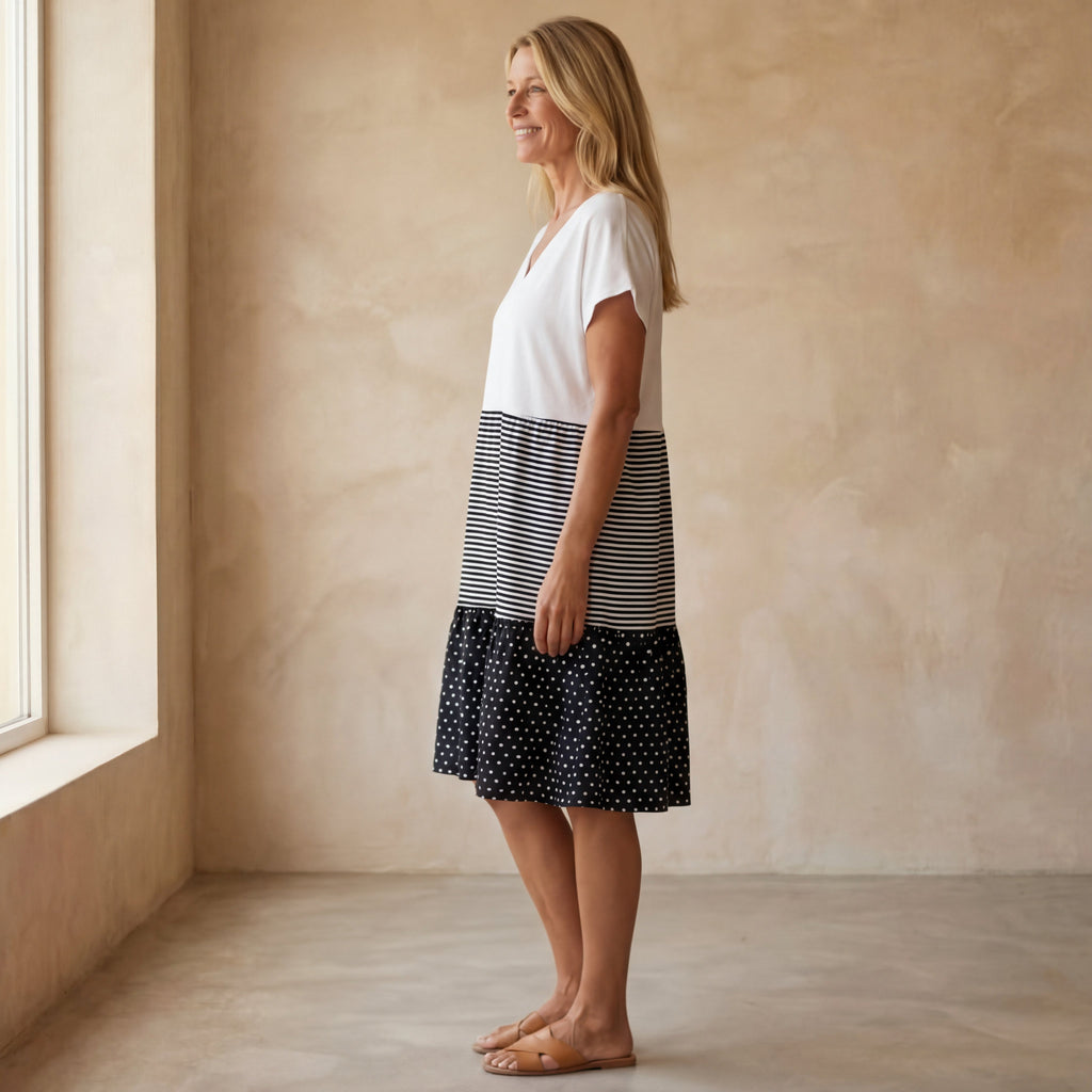 Carmen - Jurk met Strepen- en Stippenprint