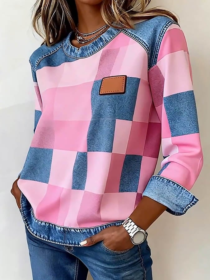 Dames Casual Ronde Hals Denim Patchwork Pullover Sweatshirt