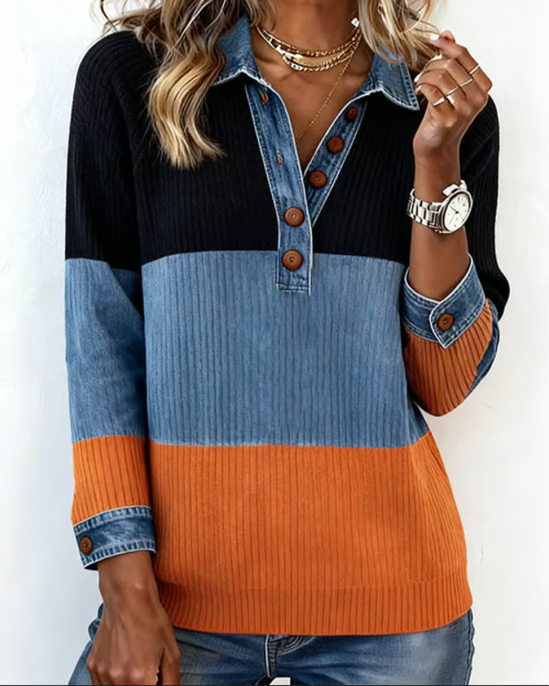 Modieuze Top met Revers en Contrastkleur