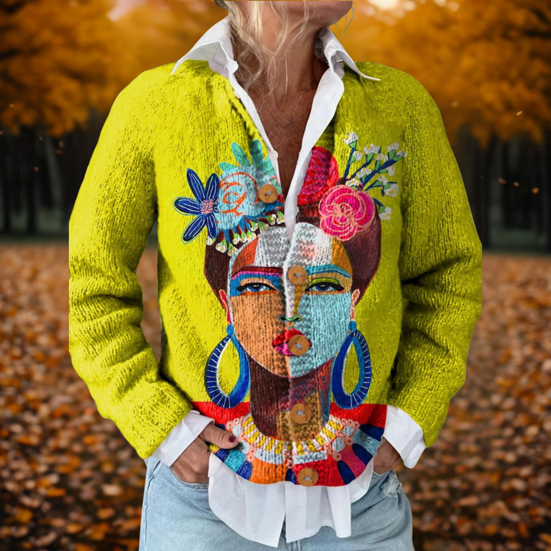 Anna - Vintage Gebreid Vest met Kunstprint