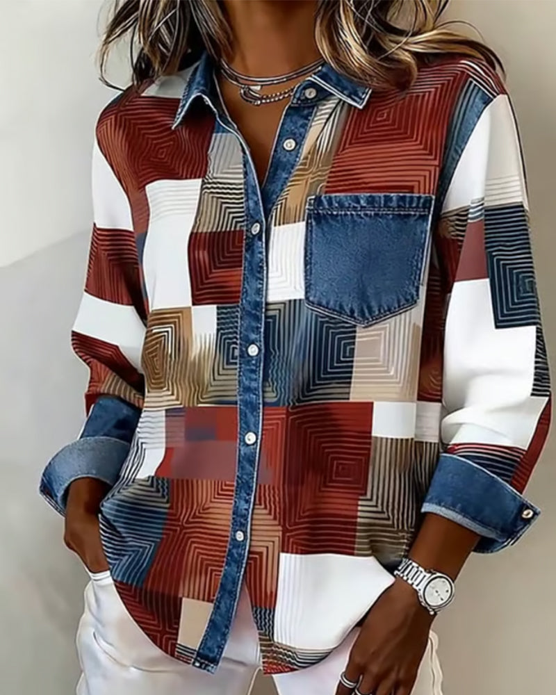 Kleurblok Shirt met Modieuze Kraag