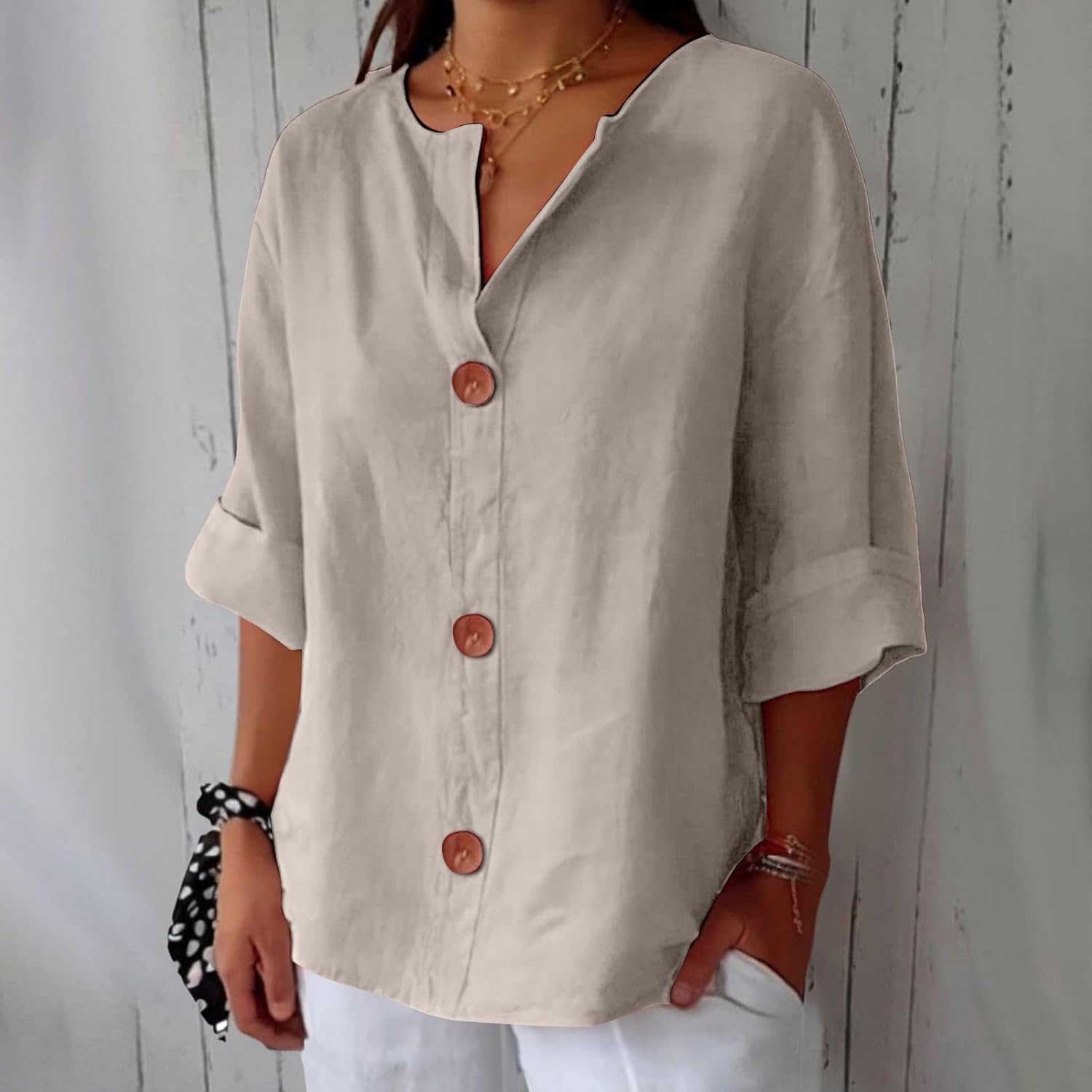 Emma - Ademende Linnen Blouse, Casual en Stijlvol (Beige)