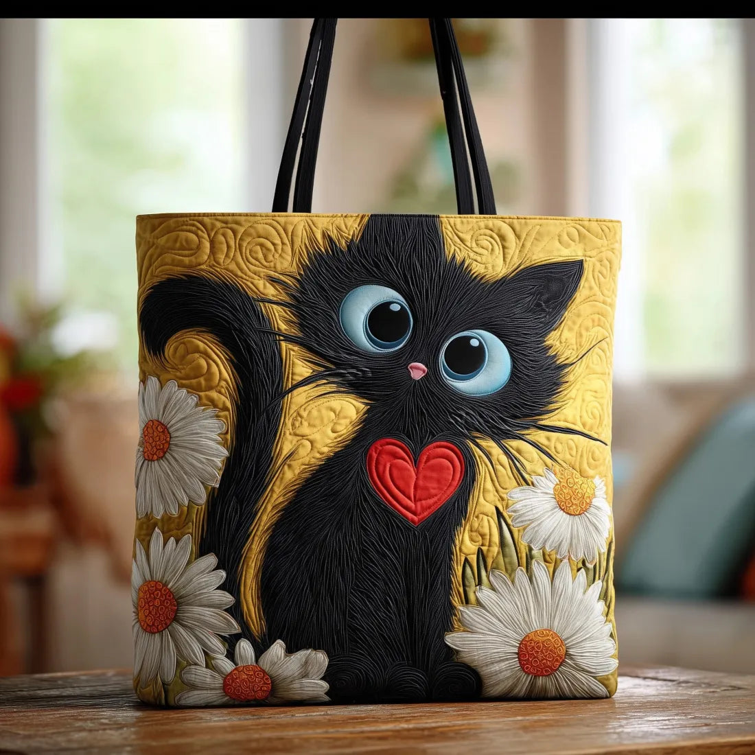 Gewatteerde Tas Zwarte Kat met Hart en Madeliefjes