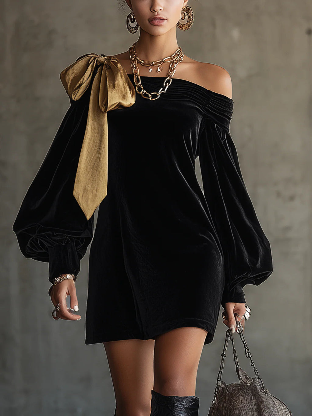 Zwarte Fluwelen en Gouden Satijnen Patchwork Off-Shoulder Mini-jurk
