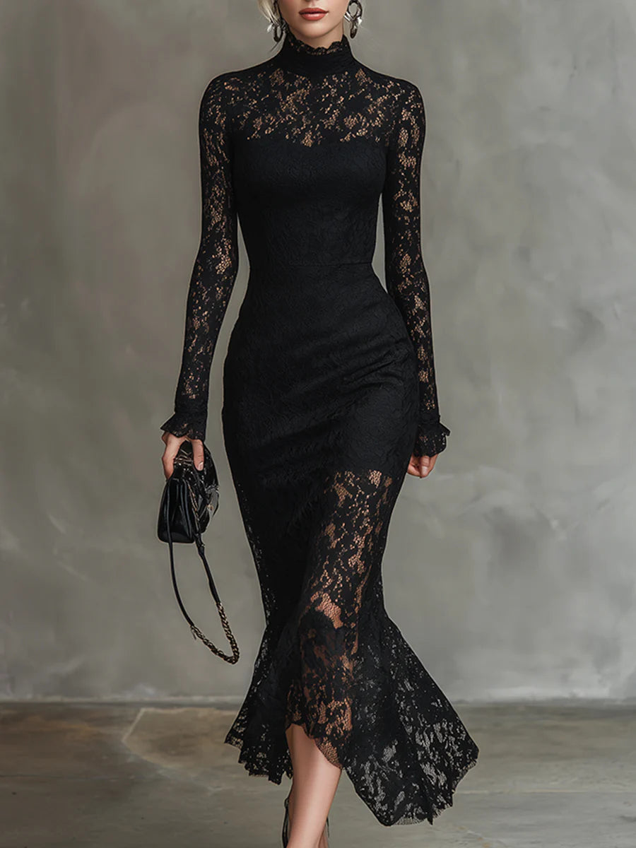 Elegante zwarte stretchkanten fishtail maxi-jurk