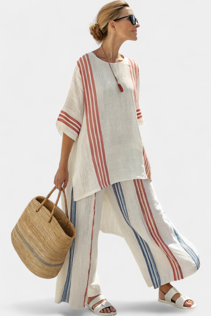 Yara - Verfijnde Multikleur Gestreepte Top & Mediterrane Broek