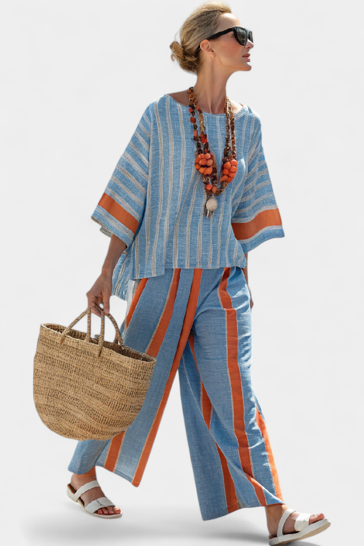Elise - Verfijnde Terracotta Gestreepte Top & Linnen Broek