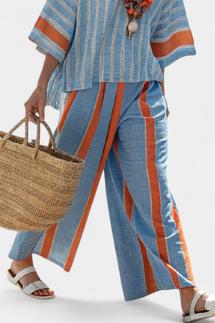 Elise - Verfijnde Terracotta Gestreepte Top & Linnen Broek