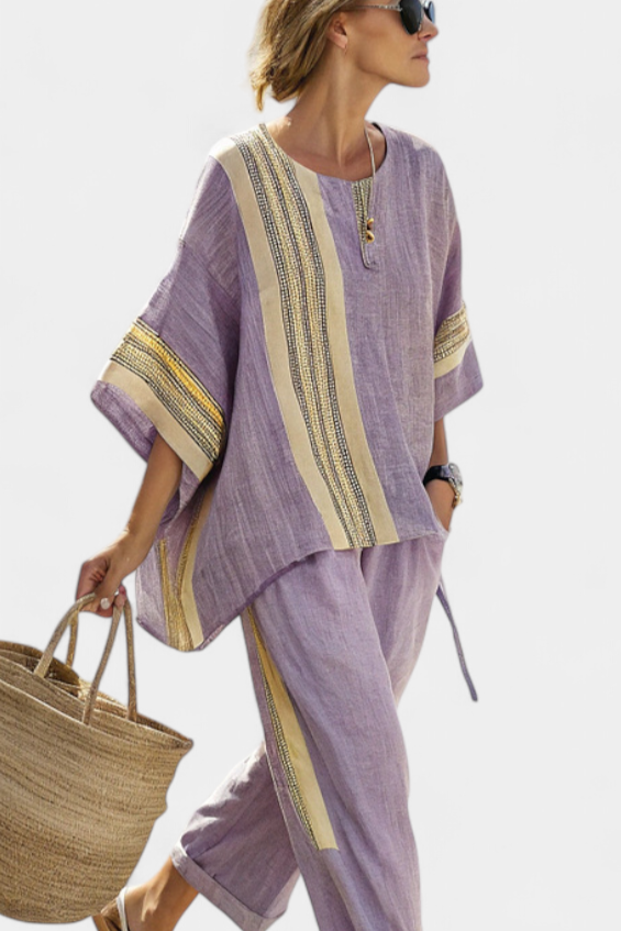 Linde - Elegante Lavendel Top & Mosterd Gestreepte Broek