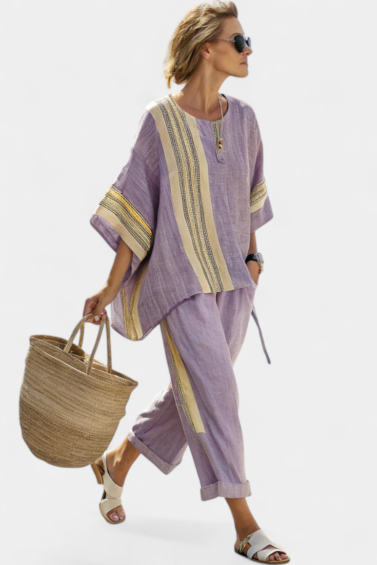 Linde - Elegante Lavendel Top & Mosterd Gestreepte Broek