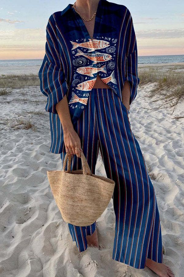 Zairine™ | Linnen set met blauwe Koi-print