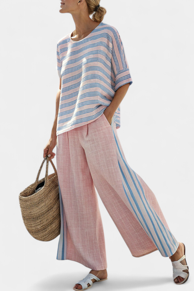 Lynn - Elegante Roze-Blauwe Linnen Blouse & Zachte Broek