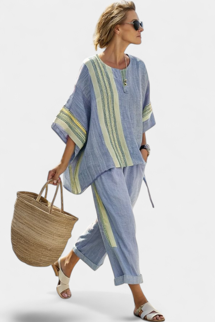 Linde - Elegante Lavendel Top & Mosterd Gestreepte Broek