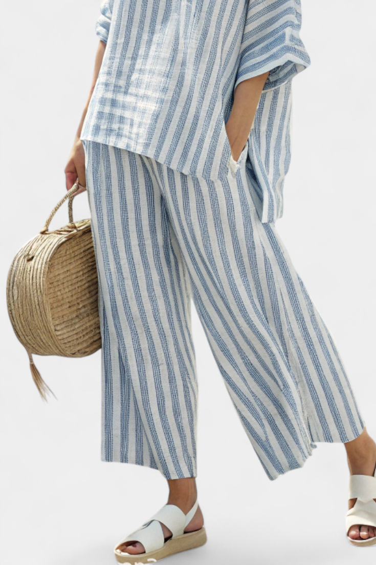Tess - Verfijnde Blauw Gestreepte Linnen Top & Relaxte Broek