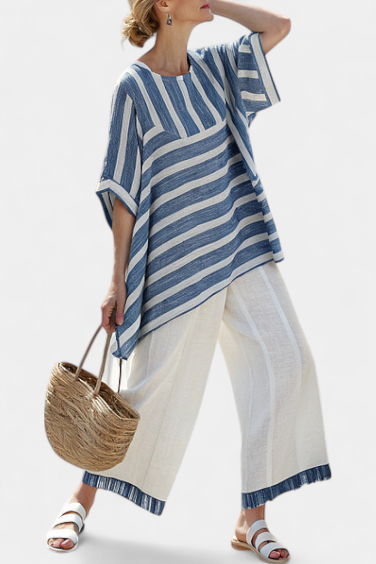 Elin - Verfijnde Blauw Gestreepte Top & Broek Met Zoomdetail