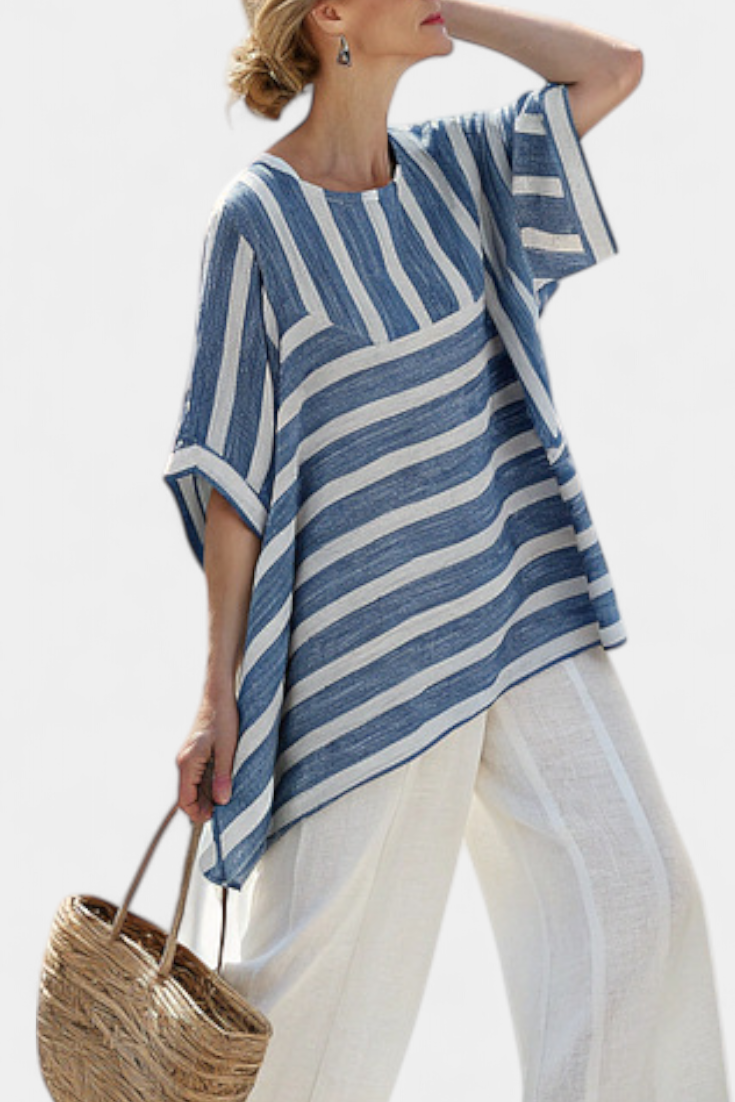 Elin - Verfijnde Blauw Gestreepte Top & Broek Met Zoomdetail