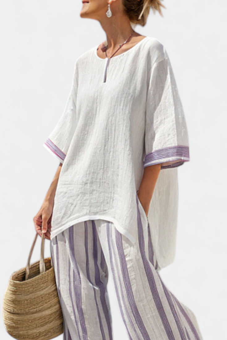 Evi - Comfortabele Losse Blouse & Gestreepte Bamboe Broek