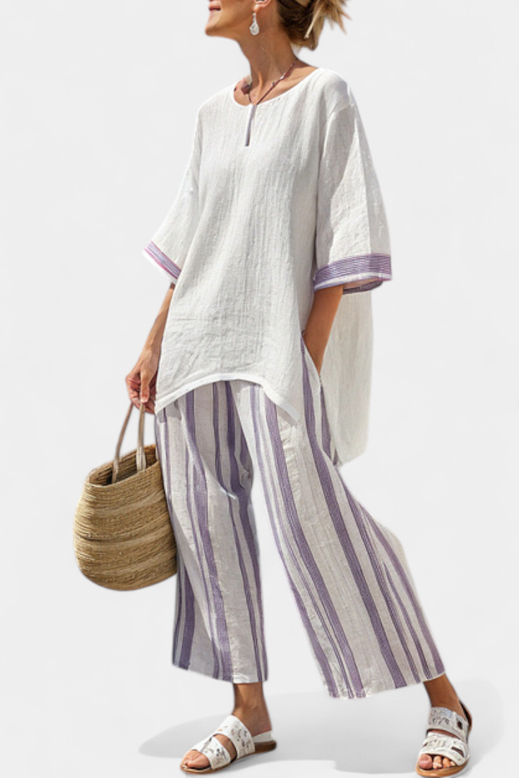 Evi - Comfortabele Losse Blouse & Gestreepte Bamboe Broek