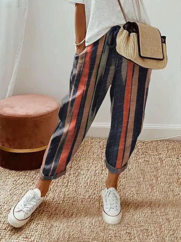 Sofie – Ademende Linnen Pantalon, Casual en Stijlvol (Kleurrijke strepen)