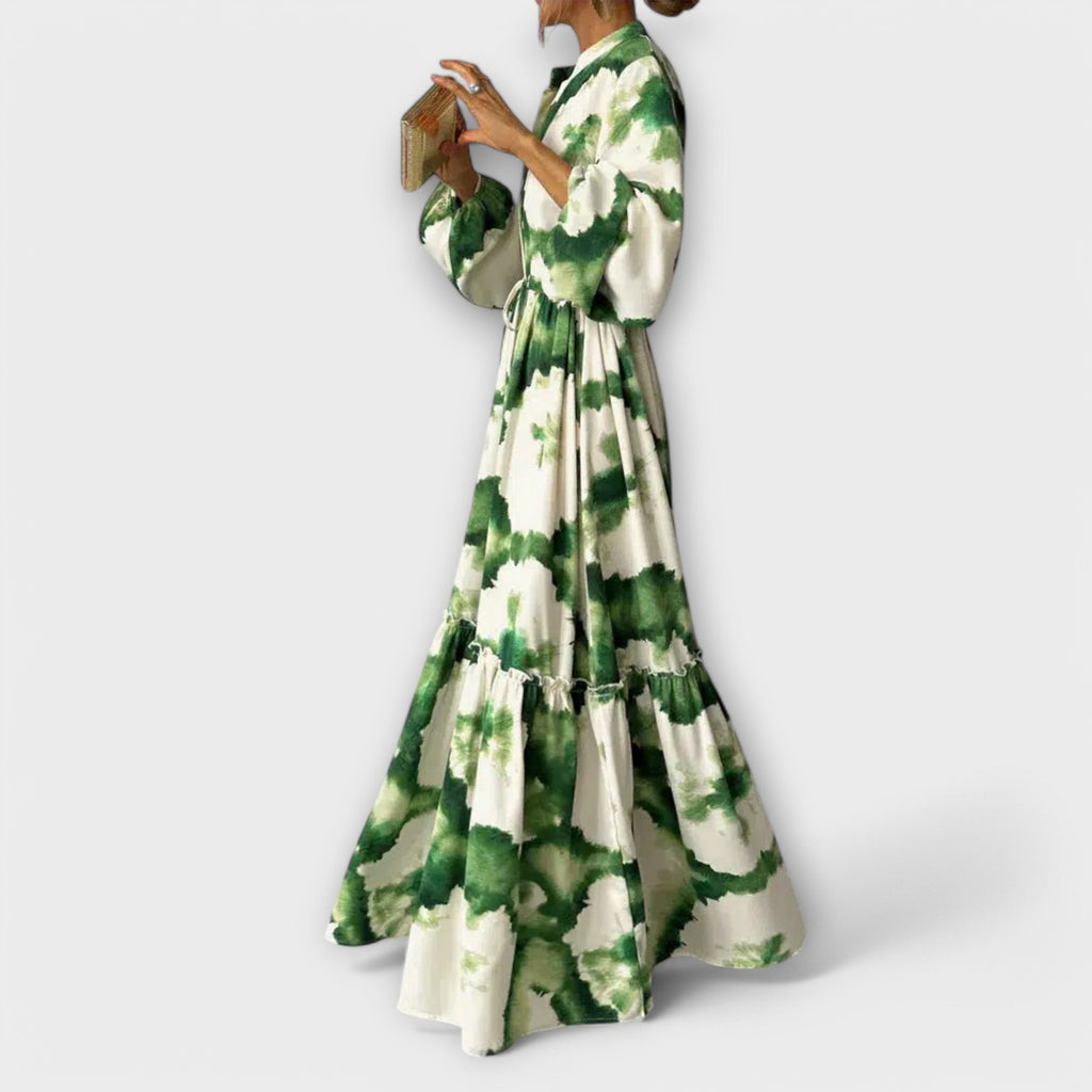Melina - Groene maxi-jurk met lange mouwen en V-hals