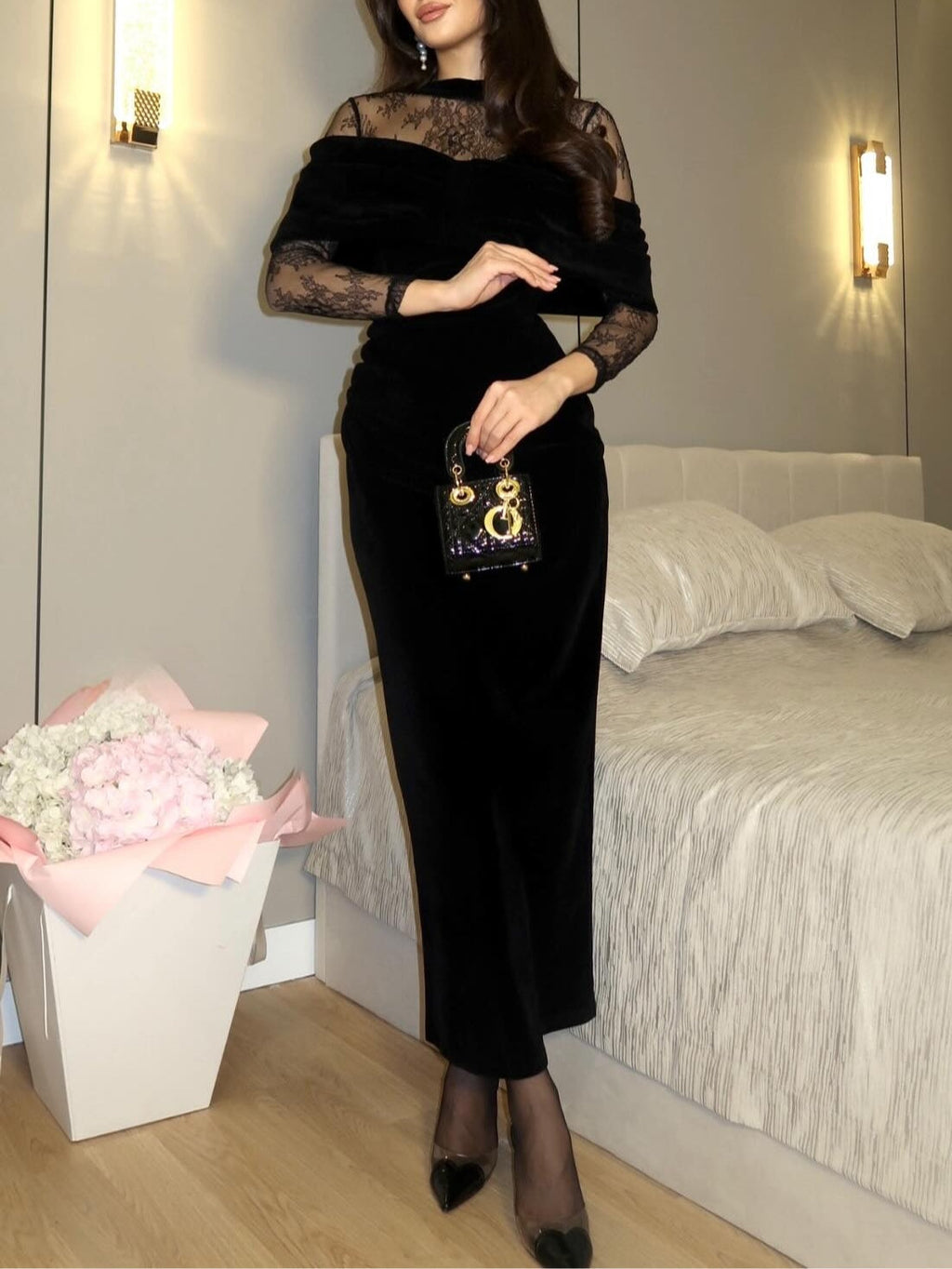 Sylvia | Fluwelen Kant Aansluitend Maxi Jurk
