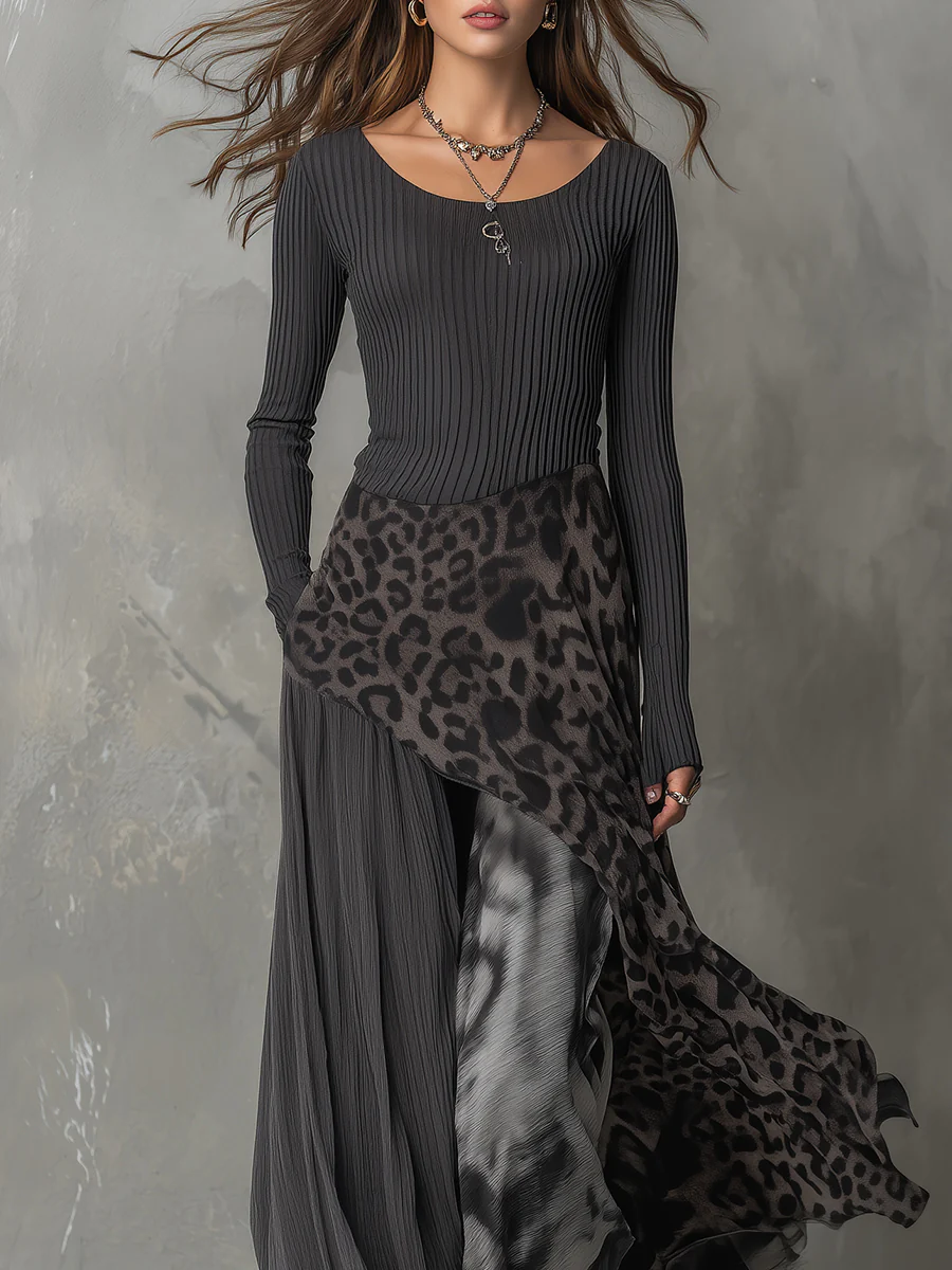 Grijze Pit Stripe Luipaardprint Splicing Ongelijke Zoom Maxi Jurk
