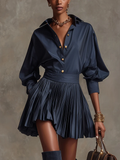 Marineblauwe Shirt en Plissé Rok Twee-Delige Set
