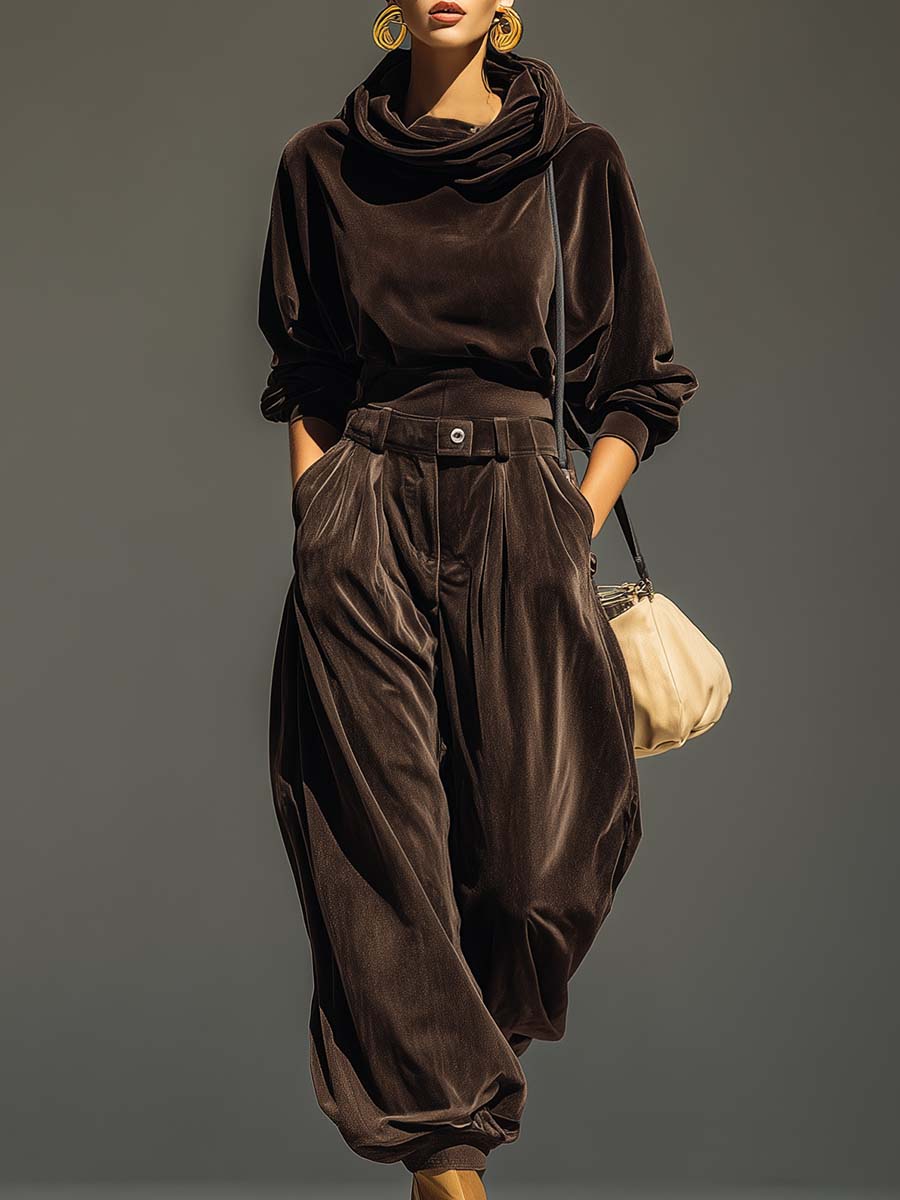 Vintage bruine fluwelen hoodie en losse broek set (Inclusief riem)