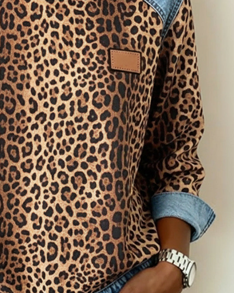 Trui met Luipaardprint en Denim Patchwork