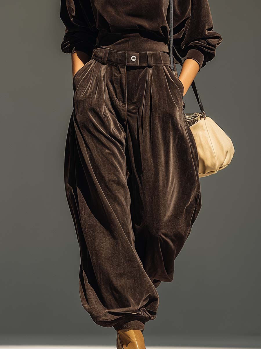 Vintage bruine fluwelen hoodie en losse broek set (Inclusief riem)