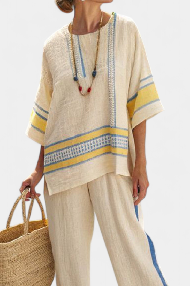 Jade - Comfortabele Blauw-Gele Mediterrane Top & Linnen Broek