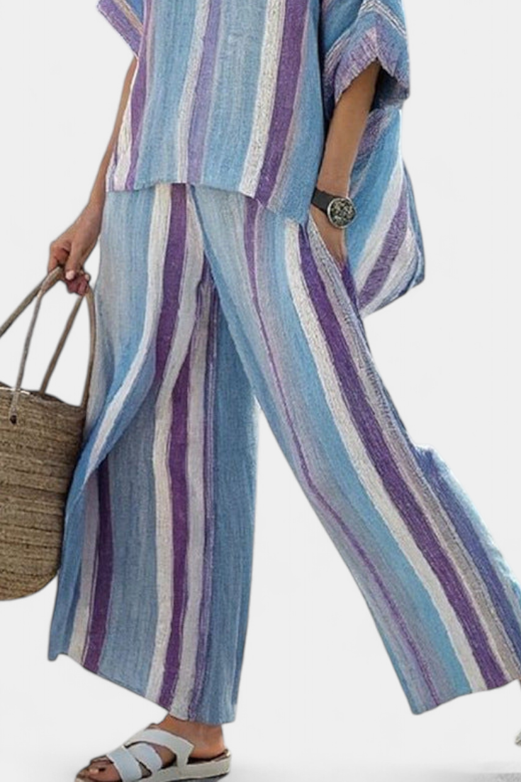 Esmee - Elegante Pastel Top & Gestreepte Linnen Broek