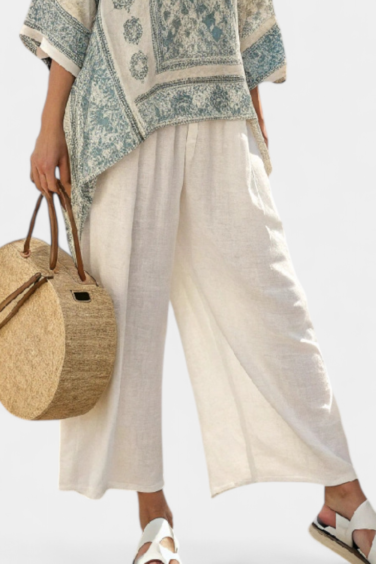 Fleur - Comfortabele Blouse Met Print & Wijde Witte Broek