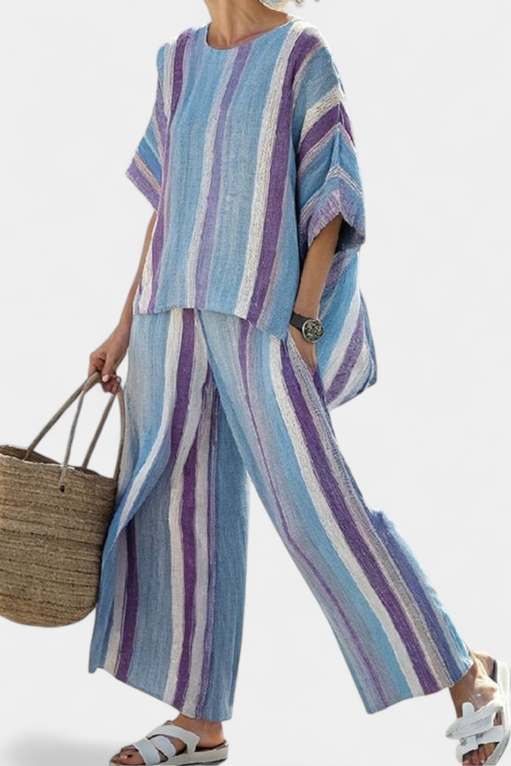 Esmee - Elegante Pastel Top & Gestreepte Linnen Broek
