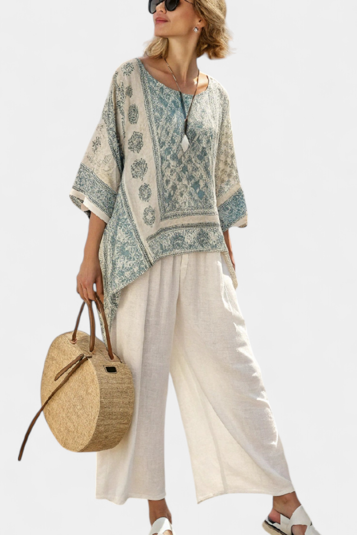 Fleur - Comfortabele Blouse Met Print & Wijde Witte Broek