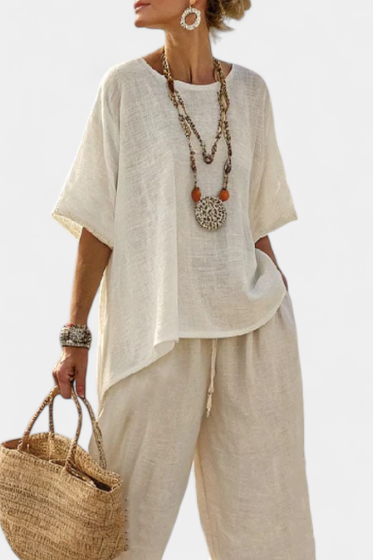 Mila - Comfortabele Minimalistische Blouse & Wijde Broek