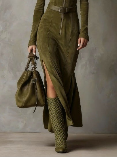 Evelyn | Suède jurk met riem en ritssluiting